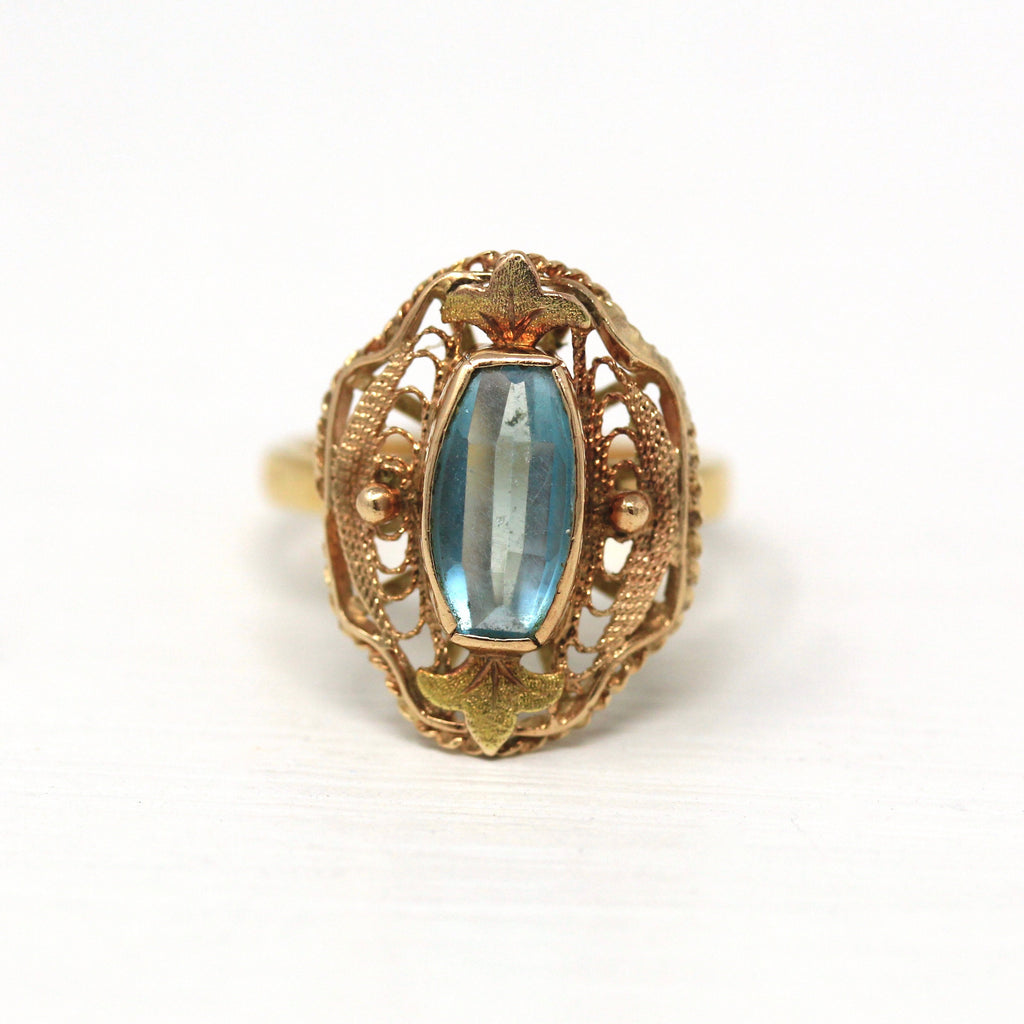 Retro Filigree Ring - Retro Era 18k Yellow Gold Simulated Aquamarine Ring - Vintage Circa 1940s Size 3.75 Statement Pale Blue Fine Jewelry