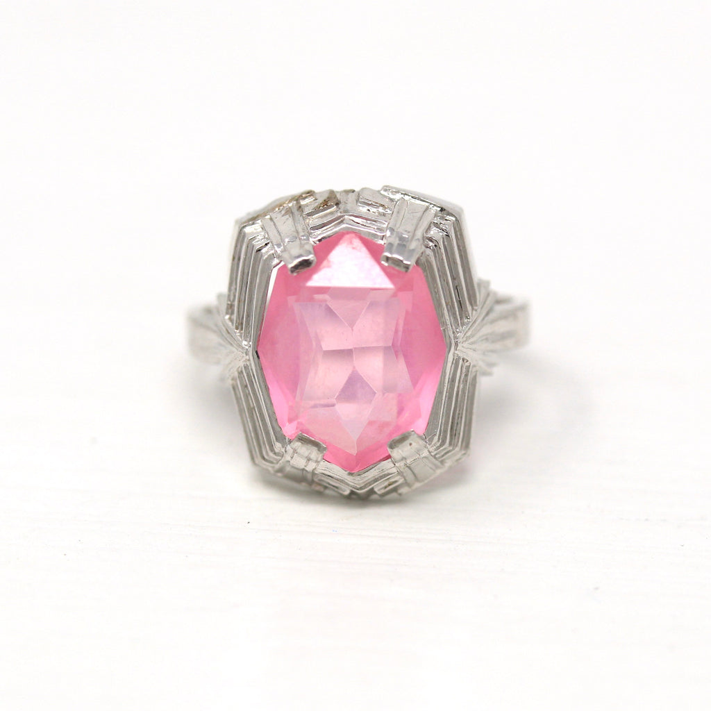 Art Deco Ring - Vintage 10k White Gold Fancy Cut Pink Glass Stone Simulated Sapphire - Circa 1930s Era Size 4 1/4 Cocktail Dinner Jewelry