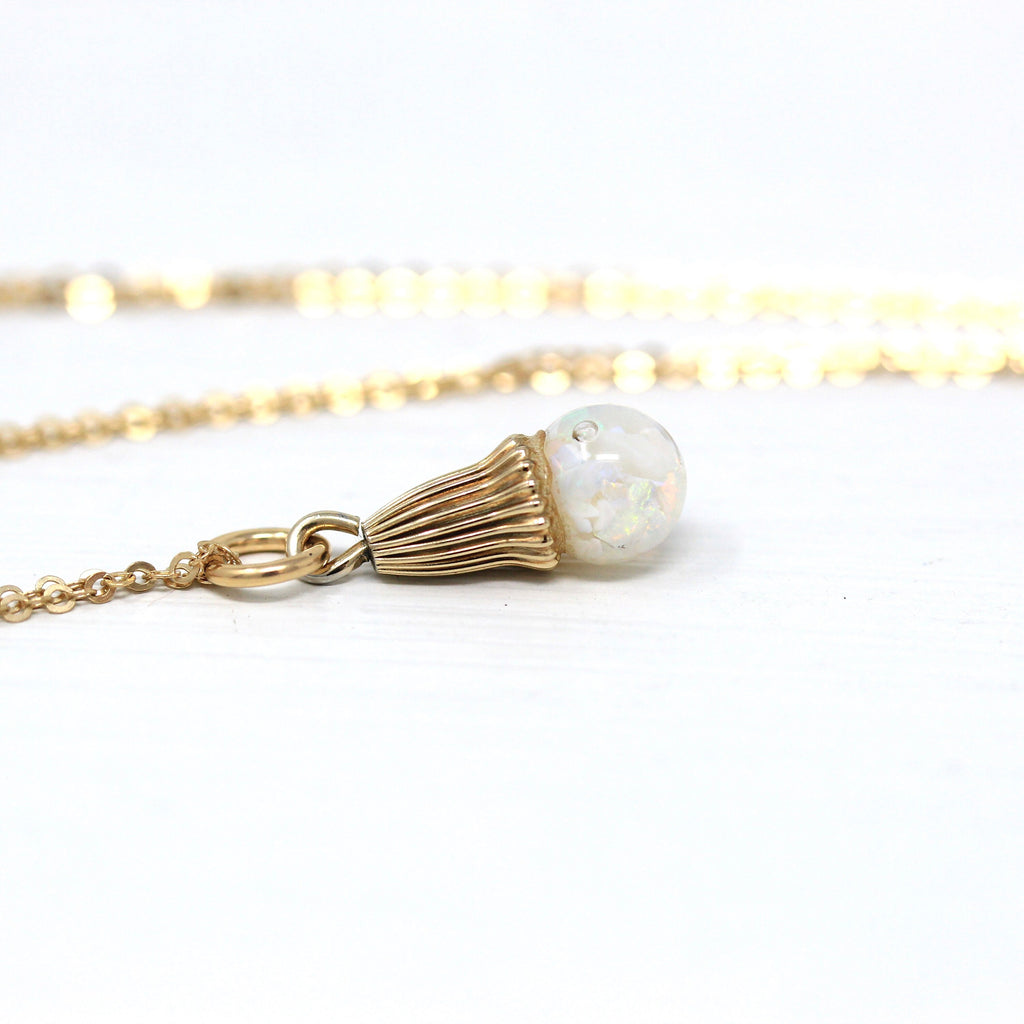 Floating Opal Necklace - Retro Gold Filled Linear Cap Genuine Gems Chips Sphere Orb - Vintage Circa 1940s Era Oval Shaped 40s Jewelry
