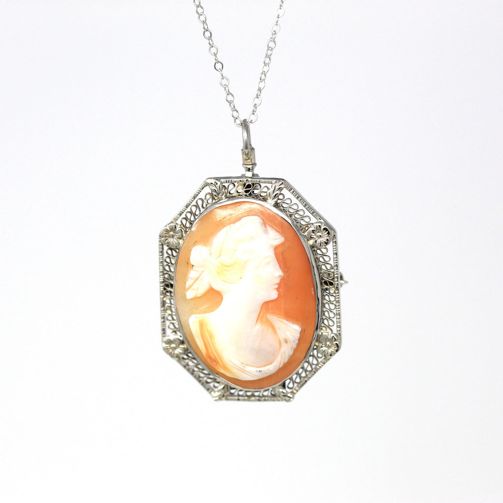 Filigree Cameo Pendant - Vintage Art Deco Era 14k White Gold Carved Shell Necklace - Vintage 1930s Convertible Brooch Pin Fine Jewelry