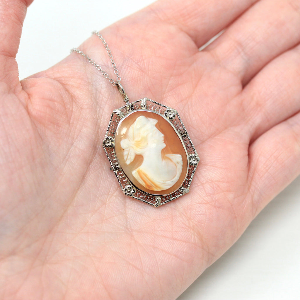 Filigree Cameo Pendant - Vintage Art Deco Era 14k White Gold Carved Shell Necklace - Vintage 1930s Convertible Brooch Pin Fine Jewelry