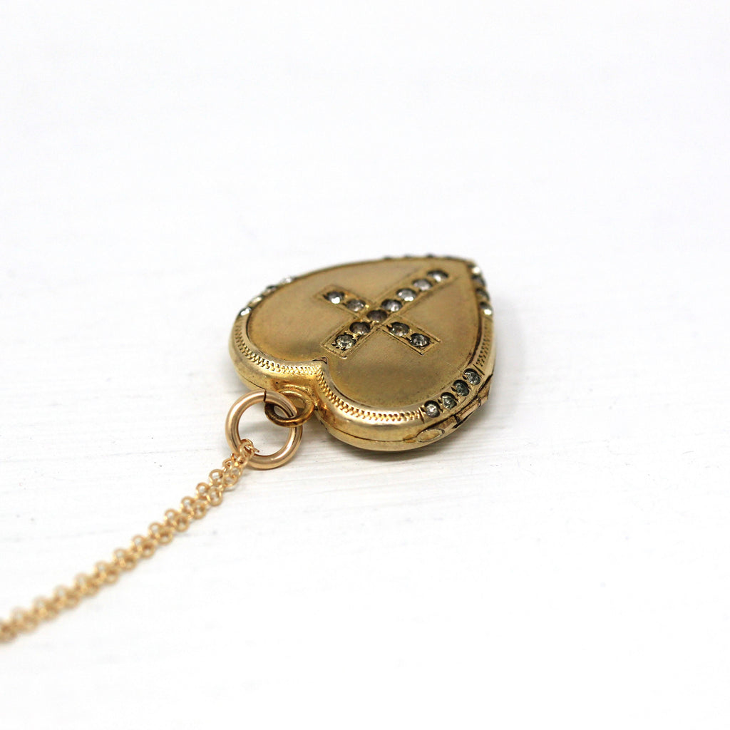 Antique Heart Locket - Edwardian Gold Filled Rhinestone Cross Religious Faith Pendant - Circa 1910s Era Religious Faith Necklace HFB Jewelry