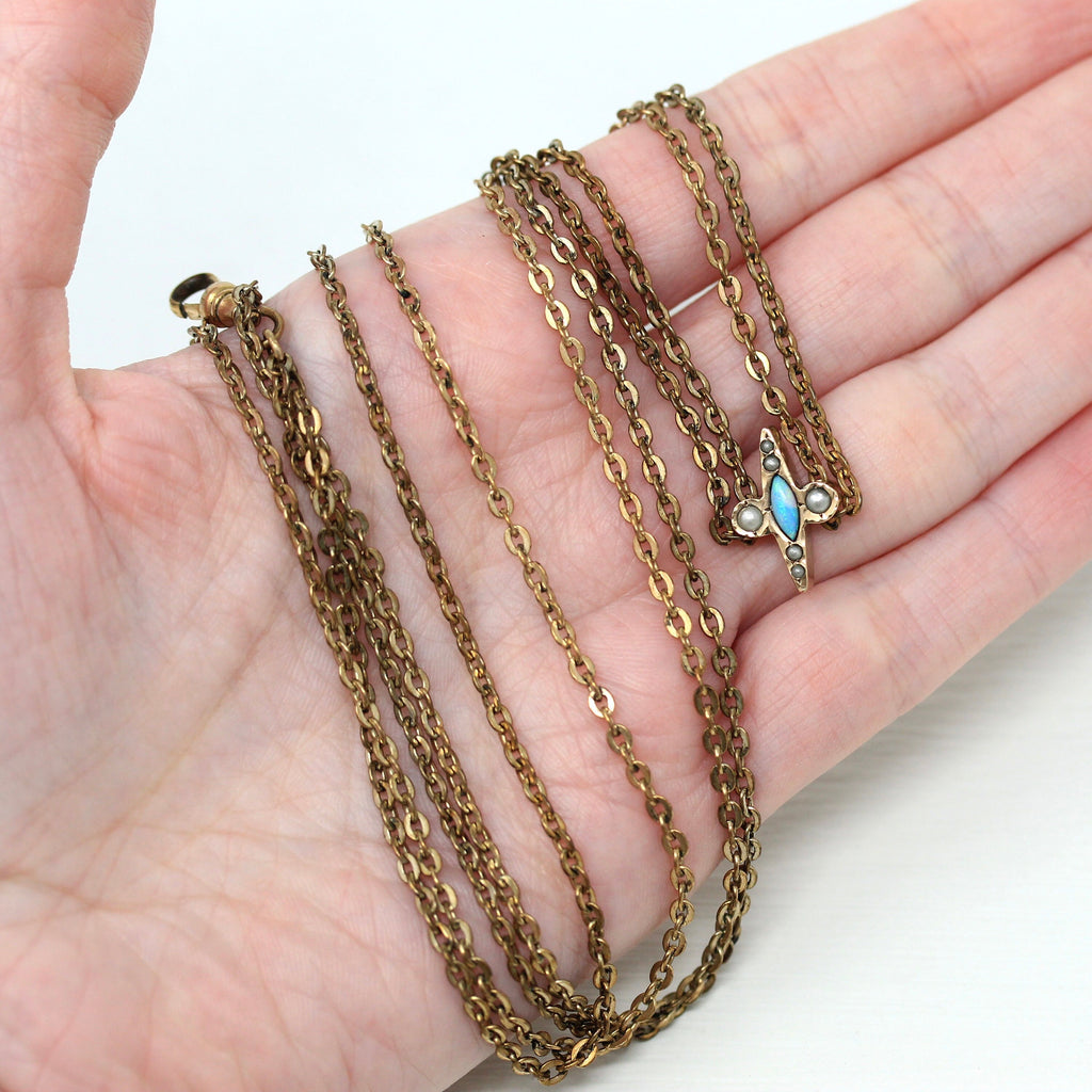 Antique Lorgnette Chain - Edwardian Era Gold Filled Genuine Opal Gem & Seed Pearls Necklace - Circa 1910s Cable Link Engraved JEE Jewelry