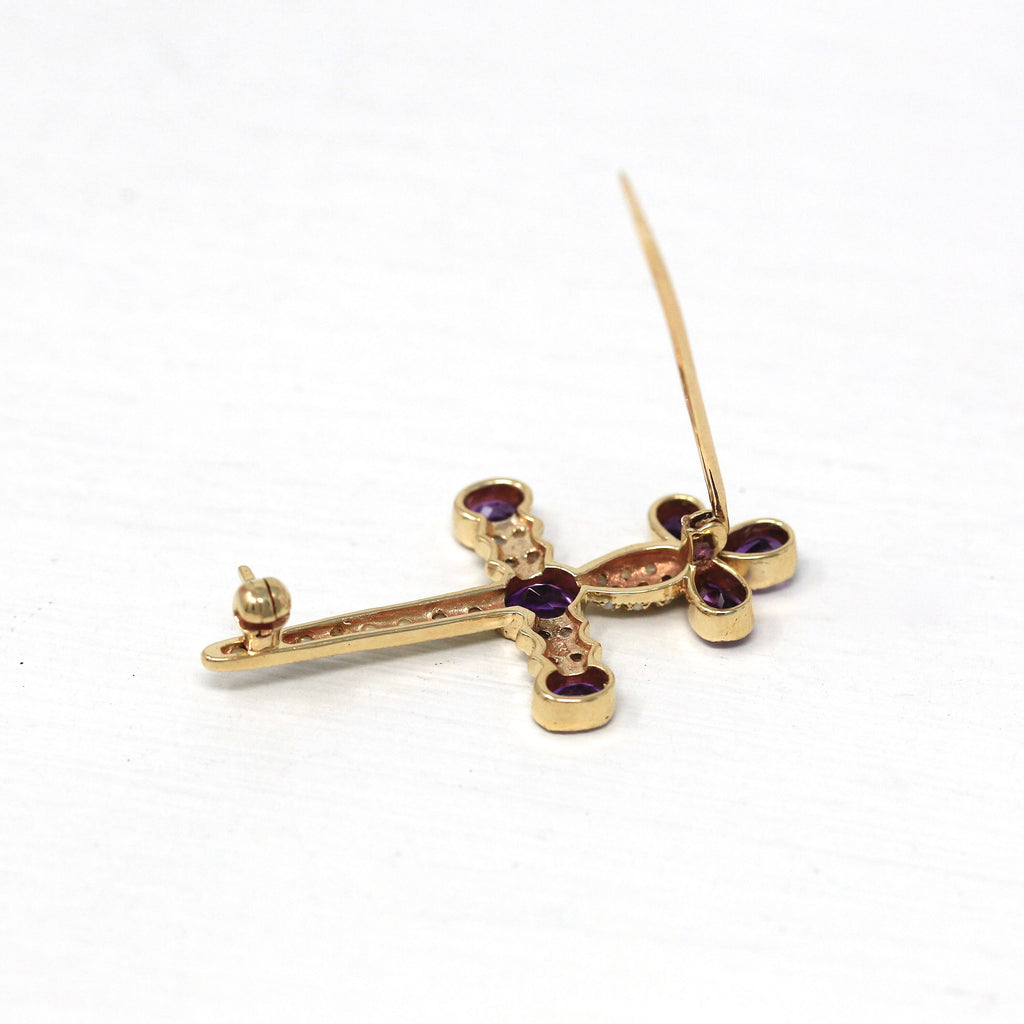 Vintage Sword Brooch - Retro Amethyst Victorian Revival Seed Pearl Pin - 1960s Fashion Accessory Fine Cross Motif Mid Century Jewelry