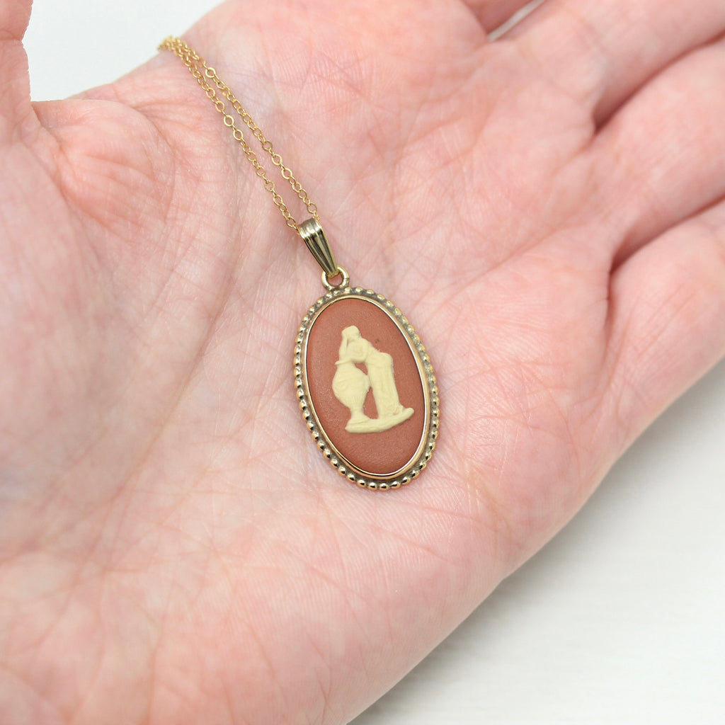 Vintage Wedgwood Pendant - Retro Gold over Sterling Silver Oval Terracotta Jasperware Necklace - Hallmarked 1979 Pendant England Jewelry
