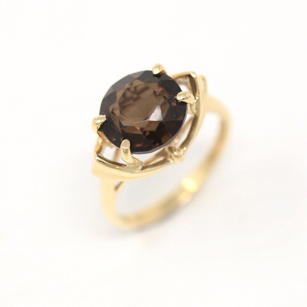 Smoky Quartz Ring - Retro 10k Yellow Gold Genuine Round Faceted 3.47 CT Brown Gem - Vintage Circa 1960s Size 6 1/2 Statement Dason Jewelry
