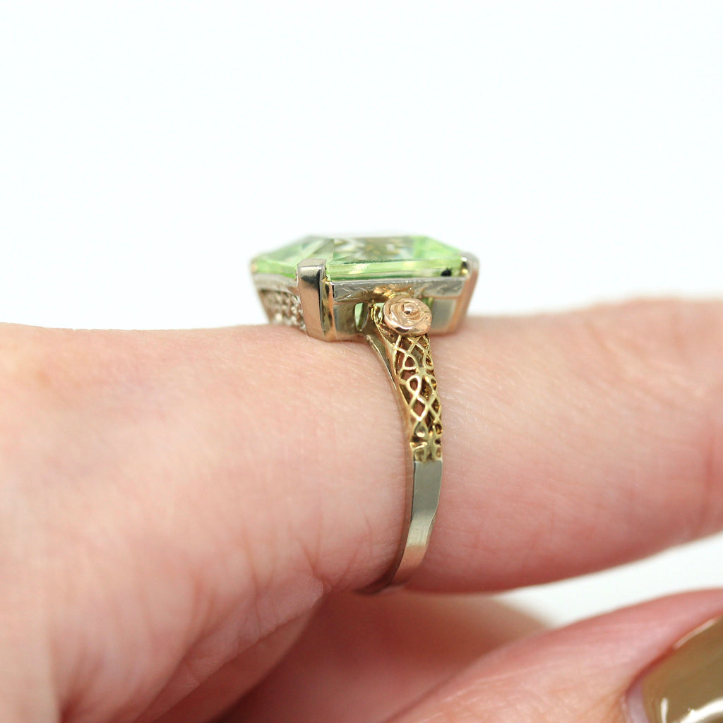 Created Spinel Ring - Vintage 14k White Yellow & Rose Gold Filigree Green 5.90 Carat Stone - Art Deco Size 5 Circa 1930s Two Tone Jewelry
