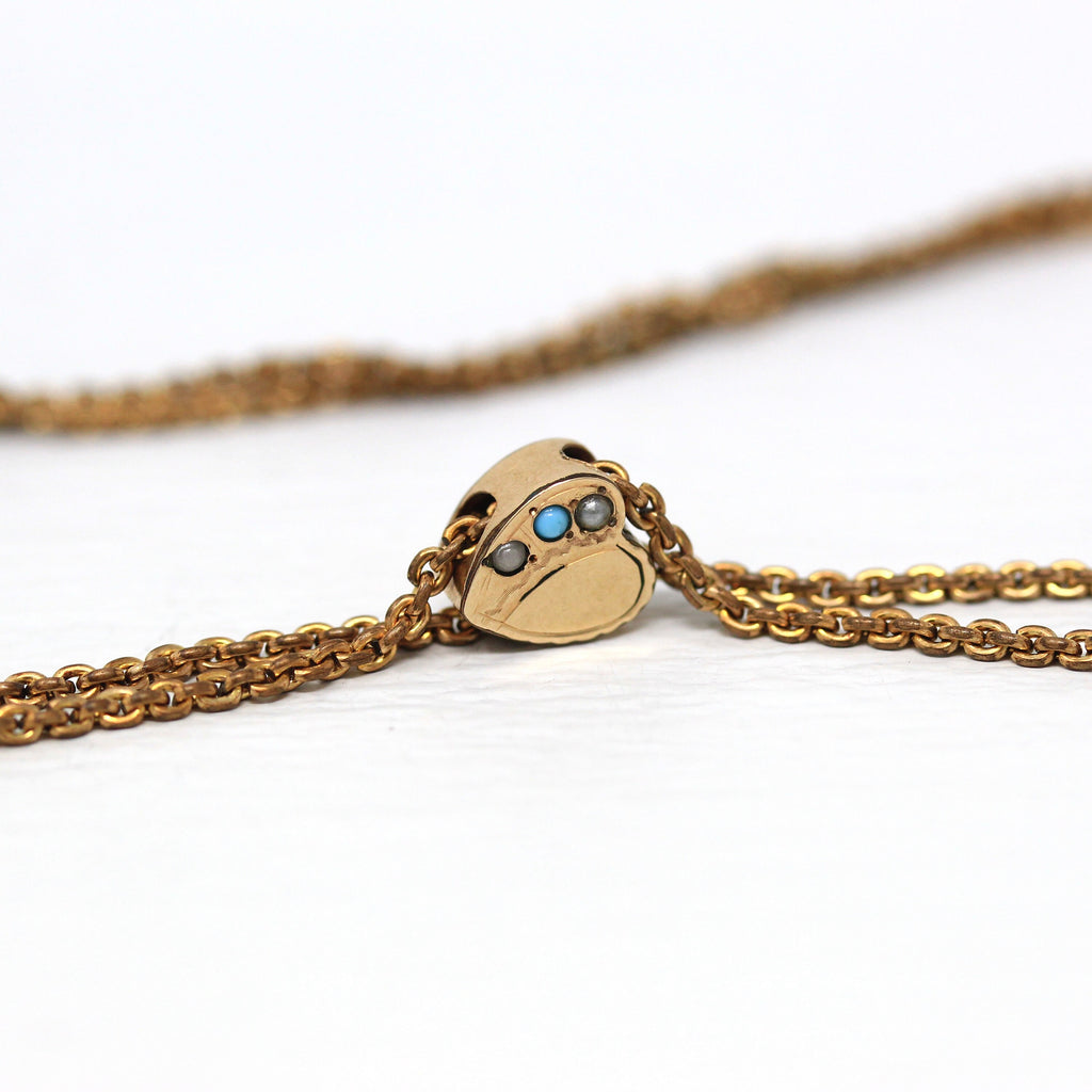 Antique Lorgnette Chain - Edwardian Gold Filled Simulated Turquoise & Seed Pearls Heart Necklace - Circa 1900s Era Cable Charm Slide Jewelry