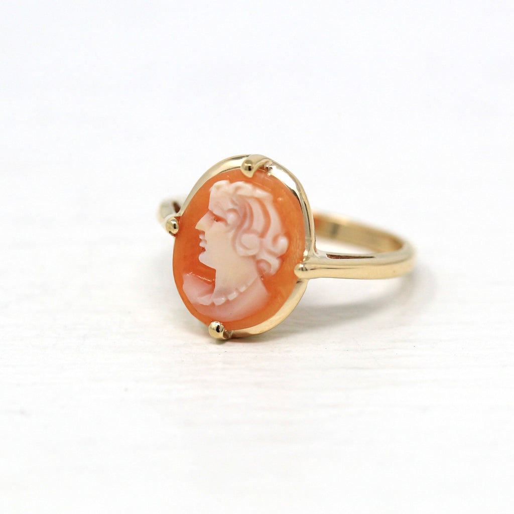 Vintage Cameo Ring - Retro 10k Yellow Gold Carved Shell Woman's Profile Silhouette - Circa 1940s Size 5.5 Classic Timeless Fine 40s Jewelry