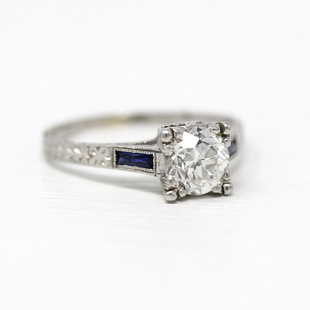 Art Deco Engagement Ring - Vintage 18k White Gold Old European 0.89 CT Diamond Created Sapphire - 1930s Size 5 1/2 Fine Jewelry W/ Report