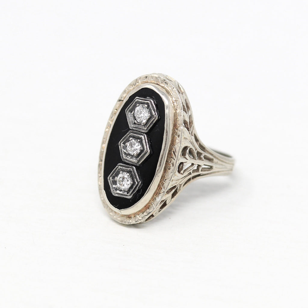 Onyx & Diamond Ring - Art Deco 14k White Gold Genuine .15 CTW Gemstones Filigree - Vintage Circa 1930s Size 5 1/2 Black Gem Fine 30s Jewelry