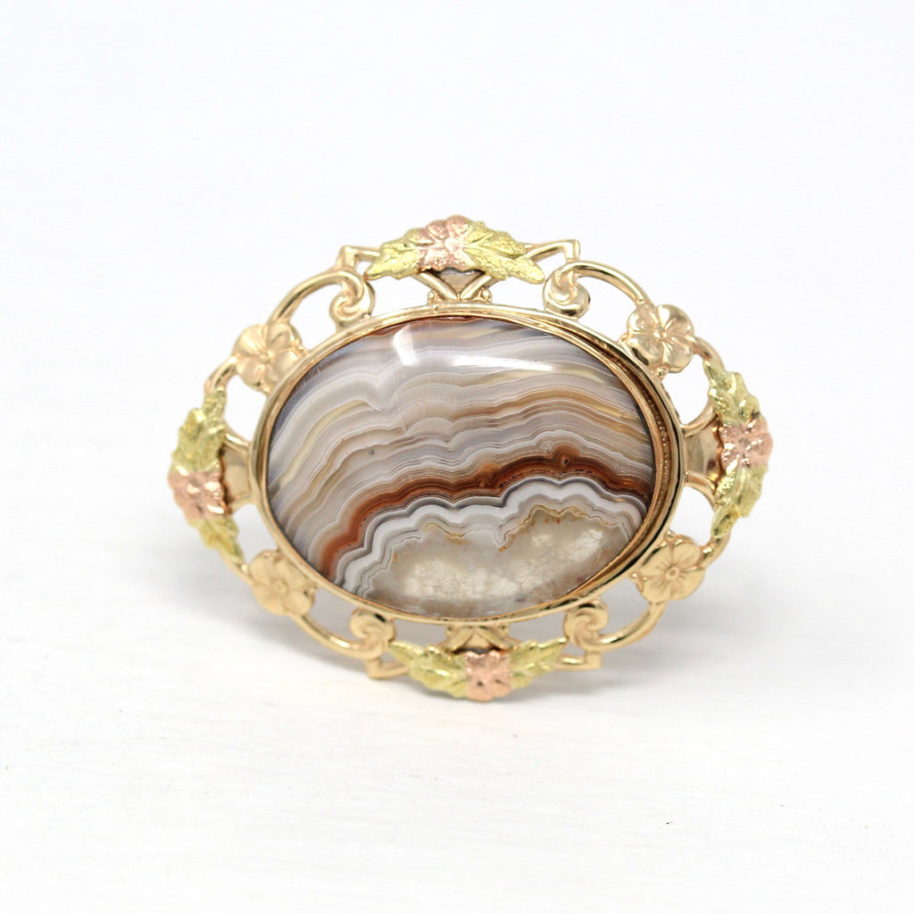 Sale - Genuine Agate Brooch - 12k Yellow Gold Filled Oval Cabochon Banded 16.87 CT Gem Statement - Circa 1940s Era Gemstone Flower Jewelry