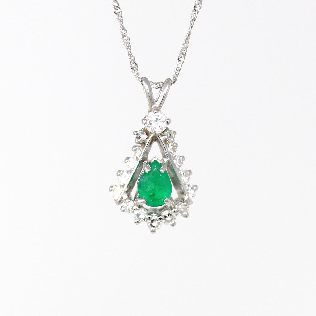 Emerald & Diamond Necklace - Estate 14k White Gold Pear Cut .34 CT Green Gemstone Pendant - Circa 1990s Era May Birthstone Fine 90s Jewelry