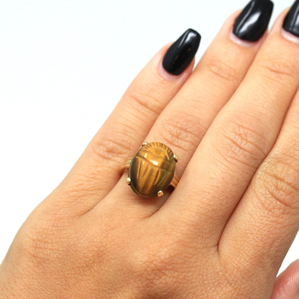 Vintage Scarab Ring - Retro 14k Yellow Gold Genuine Carved Tiger's Eye Gem - Vintage Circa 1960s Size 6 Beetle Egyptian Revival Fine Jewelry