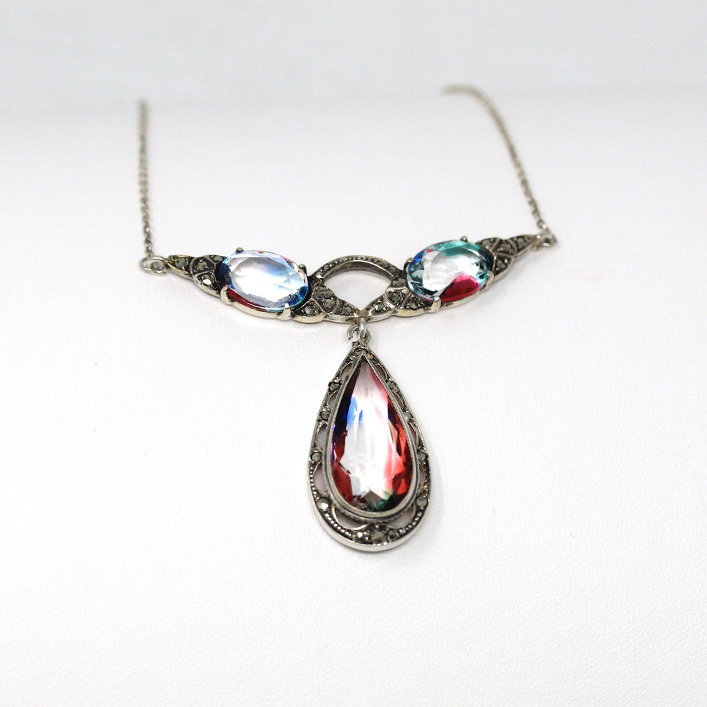 Iris Glass Lavalier - Retro 935 Silver Rainbow Iridescent Art Glass Teardrop Oval Necklace - Vintage Circa 1940s Statement Marcasite Jewelry