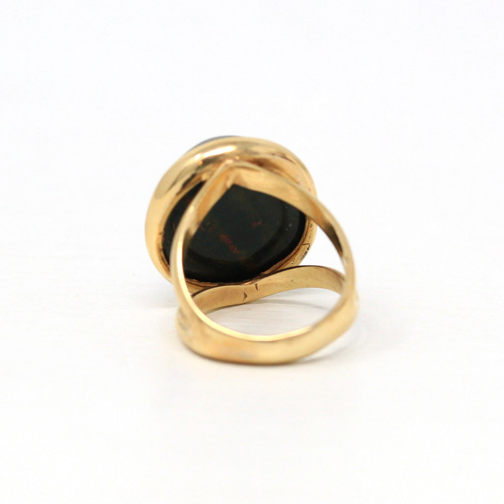 Genuine Bloodstone Ring - Retro 10k Yellow Gold Oval Dark Green Red Gem - Vintage Circa 1970s Era Size 6 3/4 Heliotrope Fine 70s Jewelry