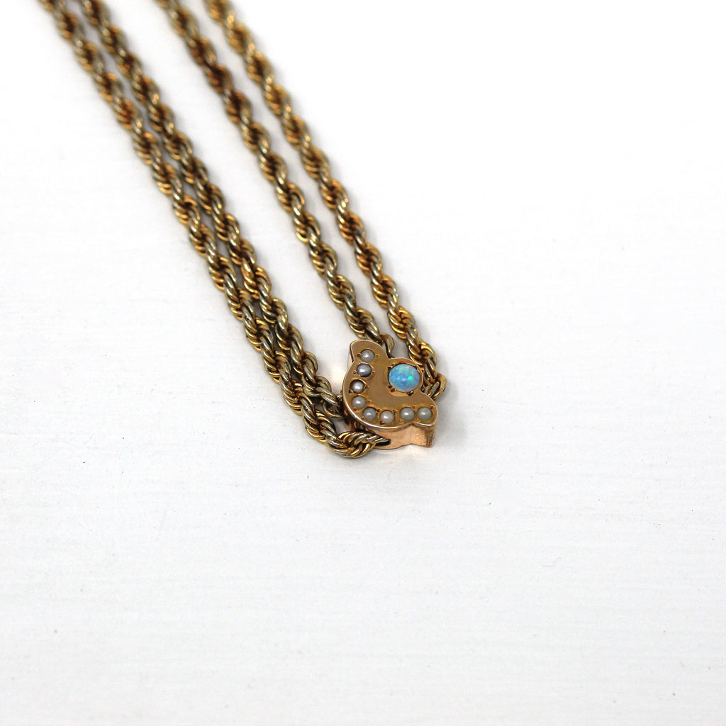 Antique Lorgnette Chain - Edwardian Gold Filled Genuine Opal Gem Charm Necklace - Circa 1910s Doubled French Rope Chain Seed Pearl Jewelry