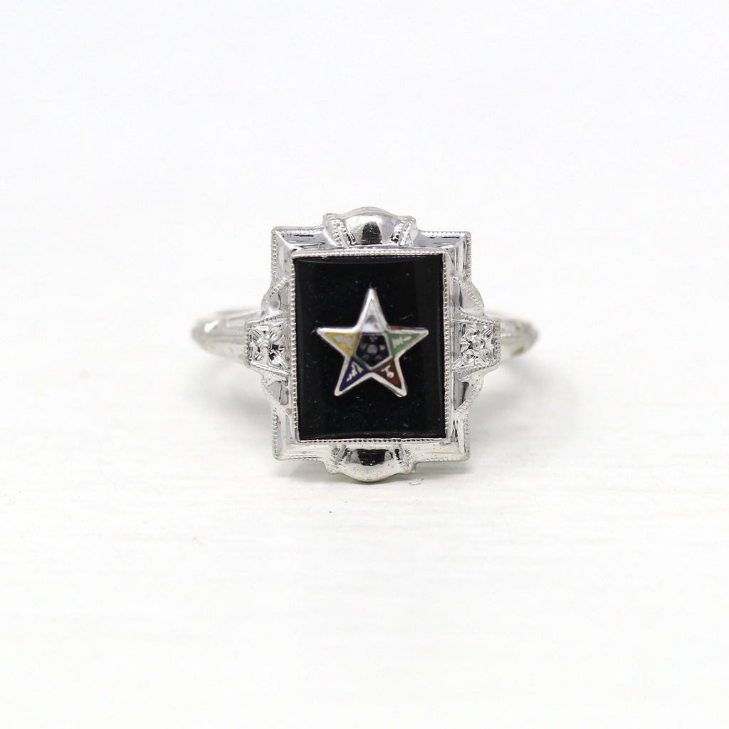 Vintage OES Ring - Art Deco 10k White Gold Genuine Black Onyx Gemstone Enamel Star - 1930s Size 5 3/4 Order Of The Eastern Star Jewelry