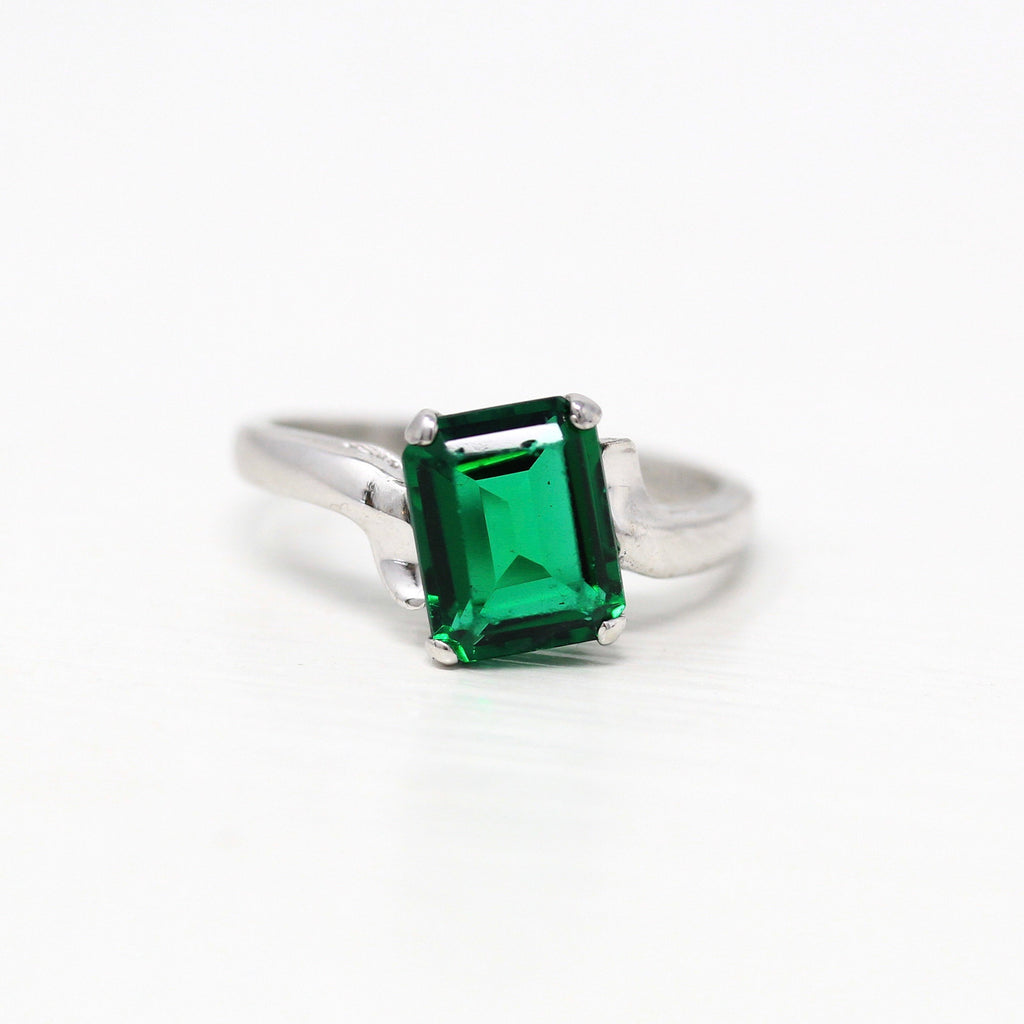 Simulated Emerald Ring - Mid Century Era 10k White Gold Dark Green Glass Stone - Vintage Circa 1950s Size 3.5 Bypass Setting Fine Jewelry