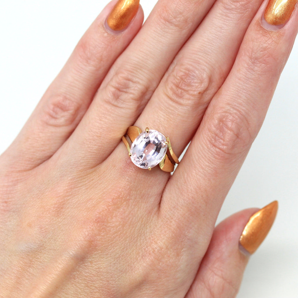 Genuine Kunzite Ring - Modern 14k Yellow Gold Oval Faceted 5.60 CT Pale Pink Gemstone - Estate 2000s Era Size 5 3/4 Statement Fine Jewelry