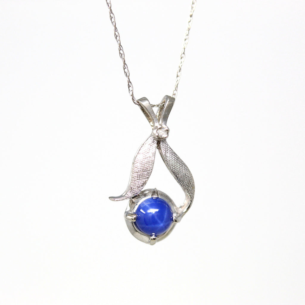 Created Star Sapphire Necklace - Retro 10k White Gold Genuine .01 CT Diamond Gem - Vintage 1970s Era Celestial Pendant Charm Fine Jewelry