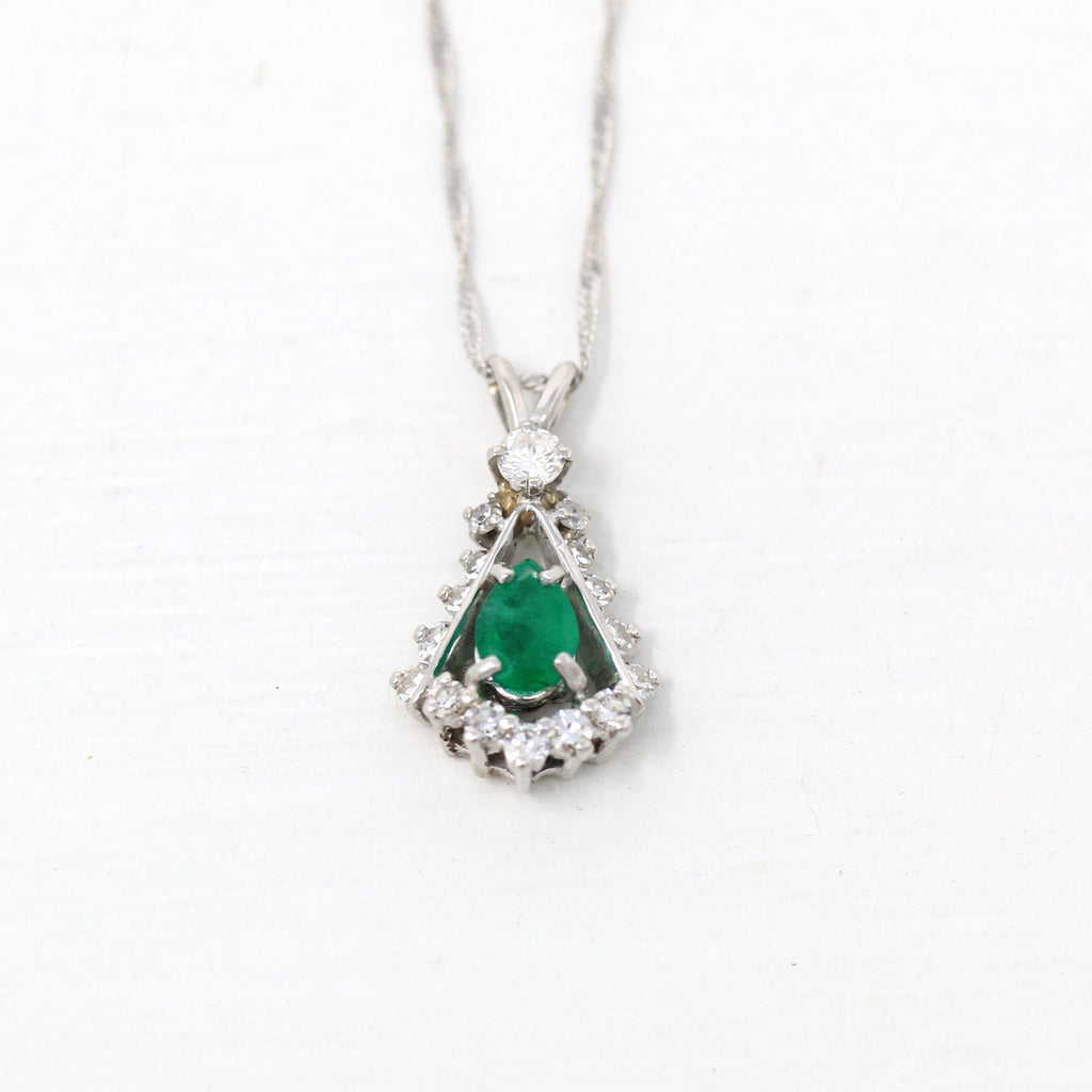 Emerald & Diamond Necklace - Estate 14k White Gold Pear Cut .34 CT Green Gemstone Pendant - Circa 1990s Era May Birthstone Fine 90s Jewelry