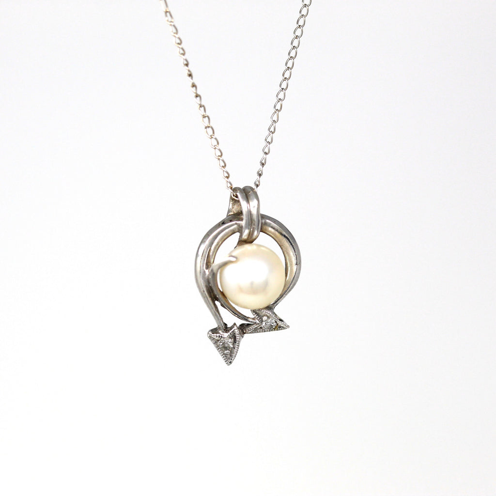 Mid Century Necklace - Vintage 10k White Gold Cultured Pearl & Genuine Diamond Pendant - Retro Circa 1950s Era Arrow Heart Design Jewelry