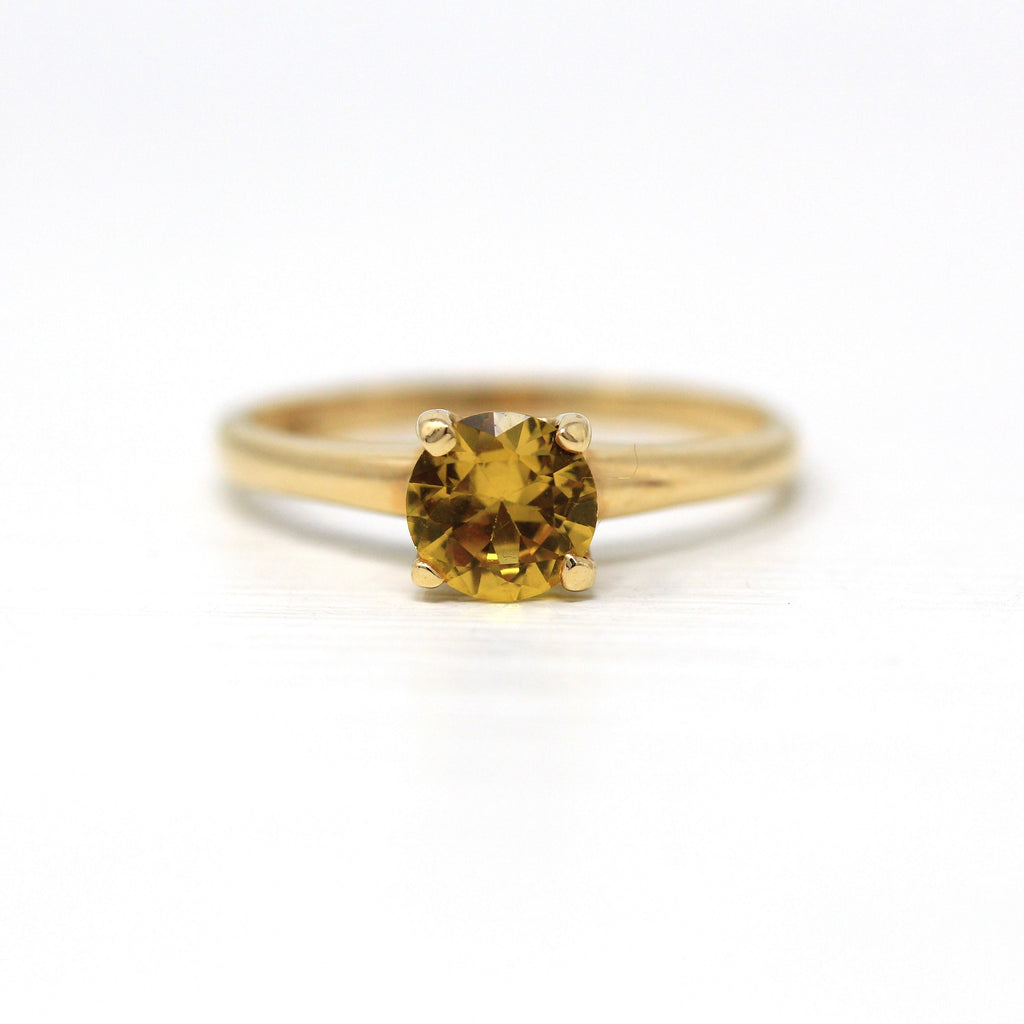 Created Orange Sapphire Ring - Retro 14k Yellow Gold Round Faceted 1.88 CT - Vintage Circa 1960s Era Size 8 1/4 Solitaire 60s Fine Jewelry