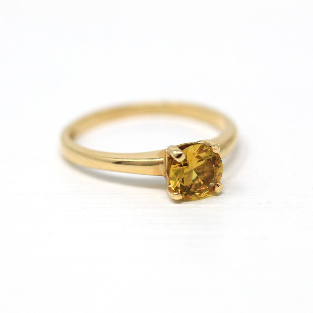 Created Orange Sapphire Ring - Retro 14k Yellow Gold Round Faceted 1.88 CT - Vintage Circa 1960s Era Size 8 1/4 Solitaire 60s Fine Jewelry