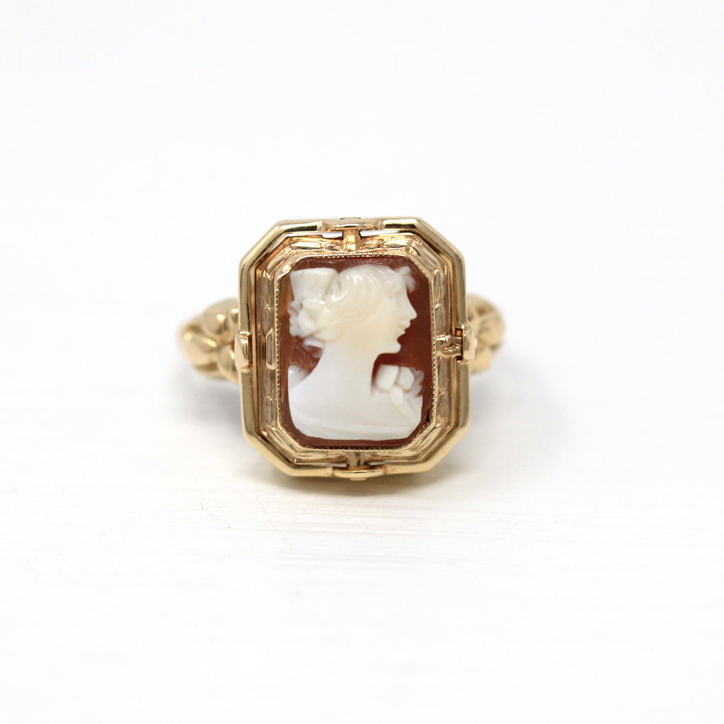 1941 Flip Ring - Retro 10k Yellow Gold Double Sided Carved Shell Cameo Statement - Vintage Dated Size 5 Onyx Silver Fine Jewelry