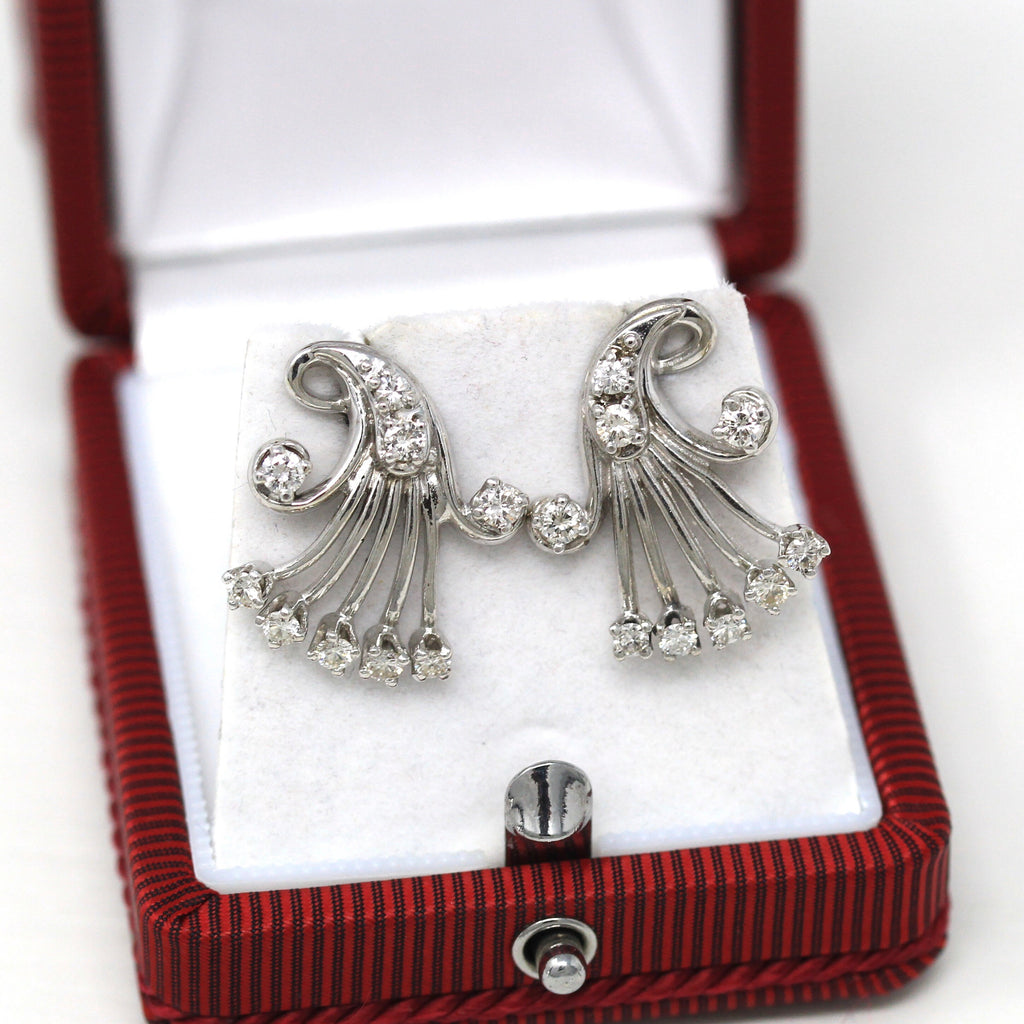 Genuine Diamond Earrings - Mid Century 14k White Gold Pierced Push Backs Studs - Vintage Circa 1950s Era Spray Fan Style Statement Jewelry