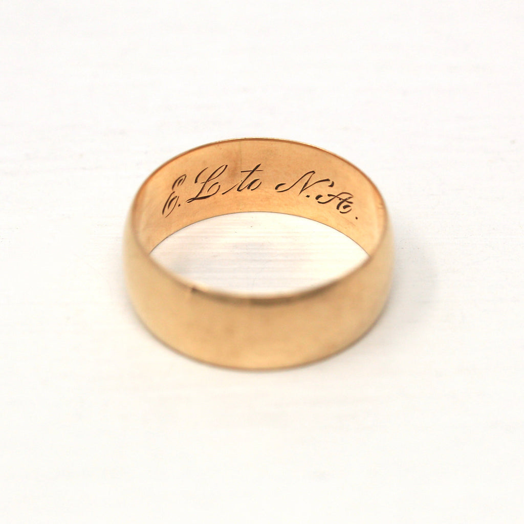 Antique Wedding Band - Edwardian 14k Rose Gold Unadorned Statement Ring - Circa 1910s Size 12 1/2 Engraved "EL to NA" Unisex Fine Jewelry