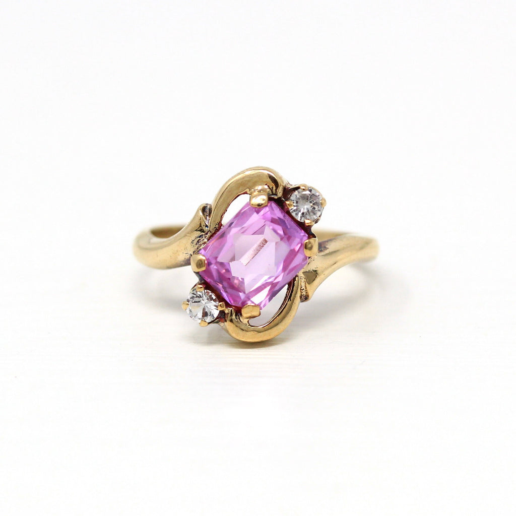 Created Pink Sapphire Ring - Retro 10k Yellow Gold Rectangular Faceted 1.9 CT Stone - Vintage Circa 1940s Era Size 6 Fine 40s Bypass Jewelry
