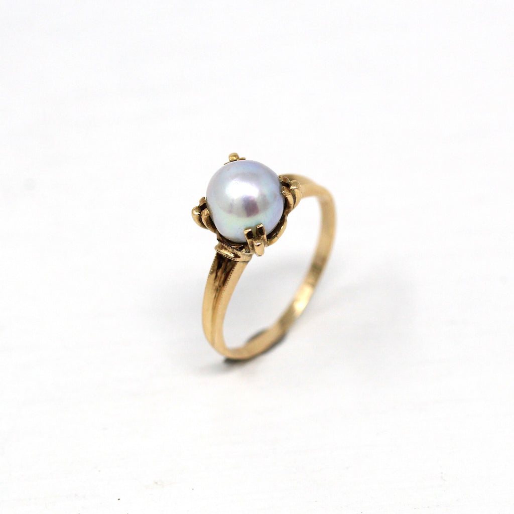 Cultured Pearl Ring - Retro Era 14k Yellow Gold Solitaire Style Setting Organic Gem - Vintage Circa 1940s Size 6.25 June Birthstone Jewelry