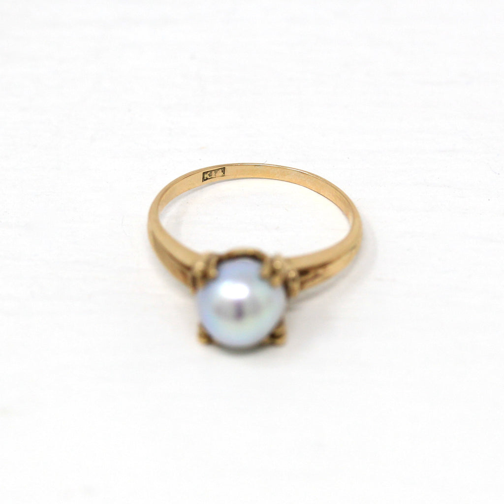Cultured Pearl Ring - Retro Era 14k Yellow Gold Solitaire Style Setting Organic Gem - Vintage Circa 1940s Size 6.25 June Birthstone Jewelry