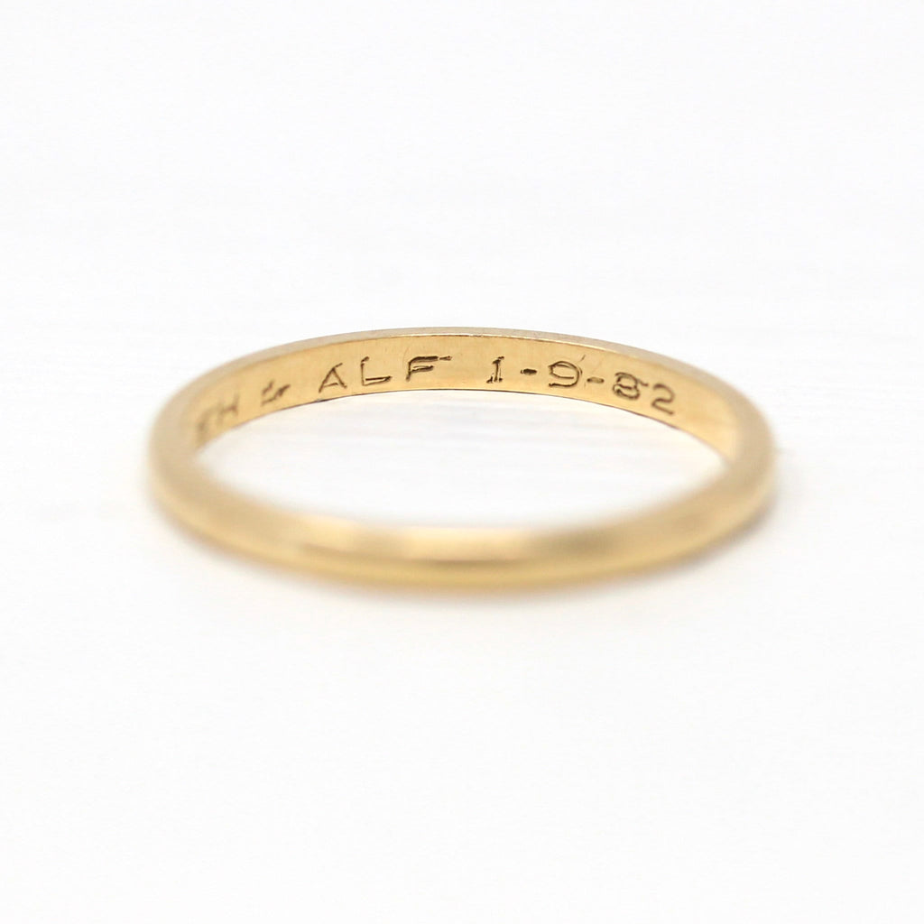 Dated 1982 Band - Modern 14k Yellow Gold Engraved "JEH to ALF 1-9-82" Ring - Estate Circa 1980s Size 4 3/4 Wedding Fine Unisex Jewelry