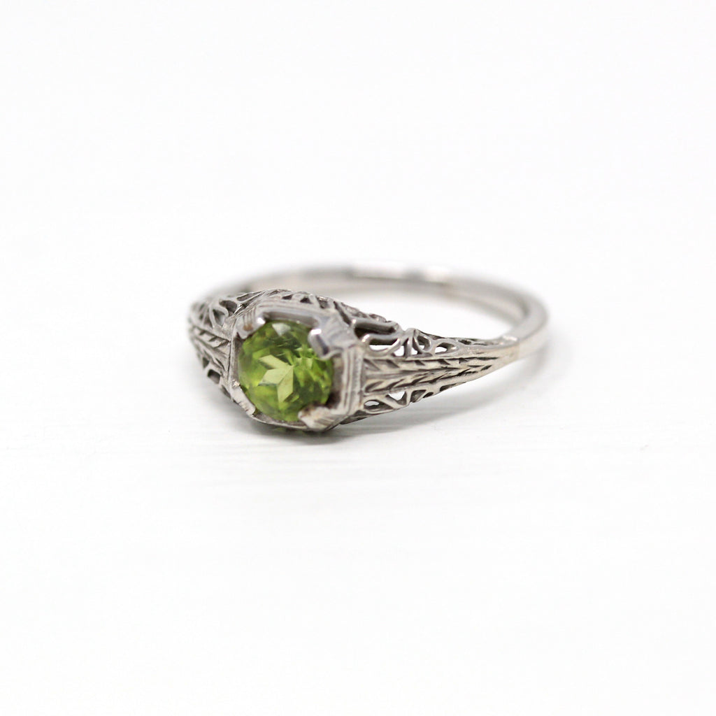 Genuine Peridot Ring - Art Deco 18k White Gold .58 CT Round Faceted Green Gemstone - Vintage Circa 1930s Era Solitaire Filigree Fine Jewelry