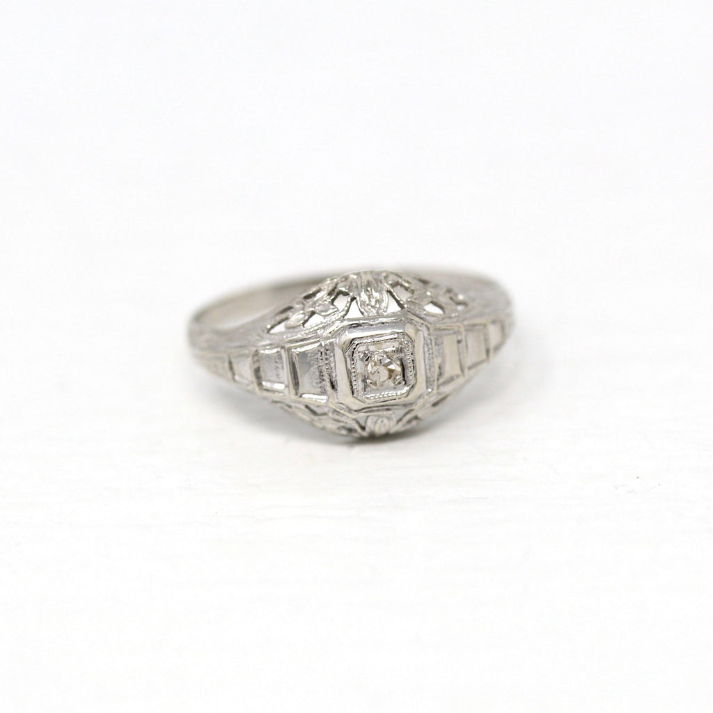 Genuine Diamond Ring - Art Deco 14k White Gold .02 CT Single Cut Gemstone Flower - Vintage Circa 1930s Era Engagement Filigree Fine Jewelry