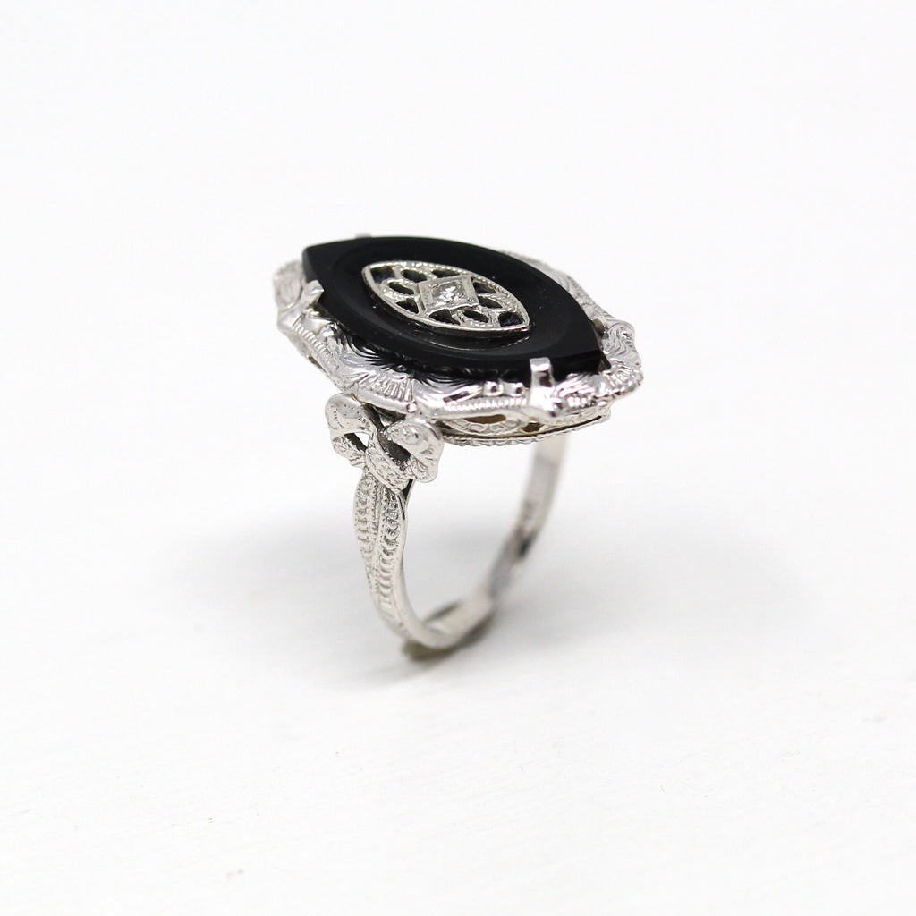 Onyx & Diamond Ring - Art Deco 14k White Gold Genuine .02 CT Gemstone Filigree - Vintage Circa 1930s Size 4 1/4 Ribbon Bow Fine 30s Jewelry