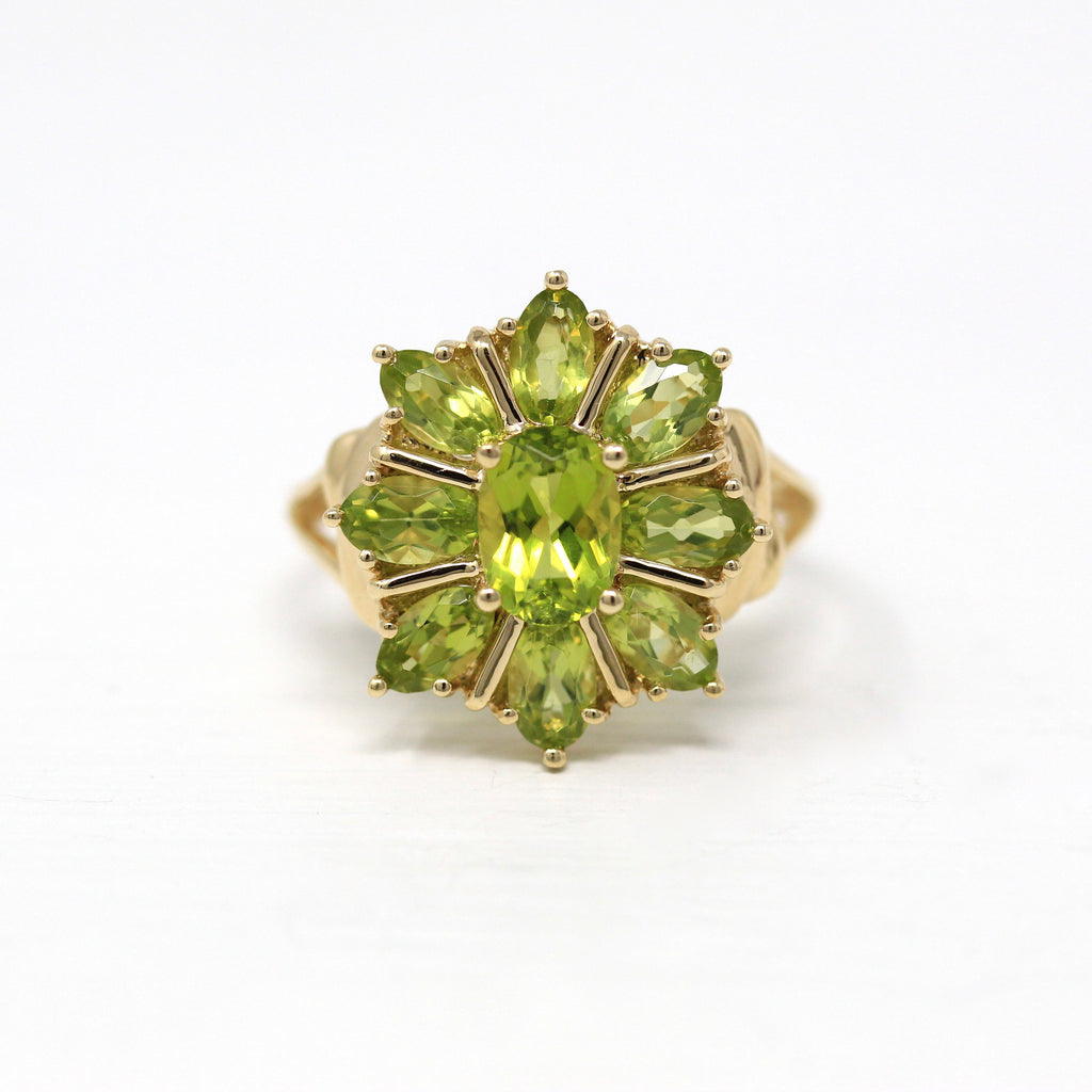 Genuine Peridot Ring - Estate 10k Yellow Gold Oval Faceted 3.35 CTW Green Gems - Modern Size 7 1/4 August Birthstone Flower Fine Jewelry