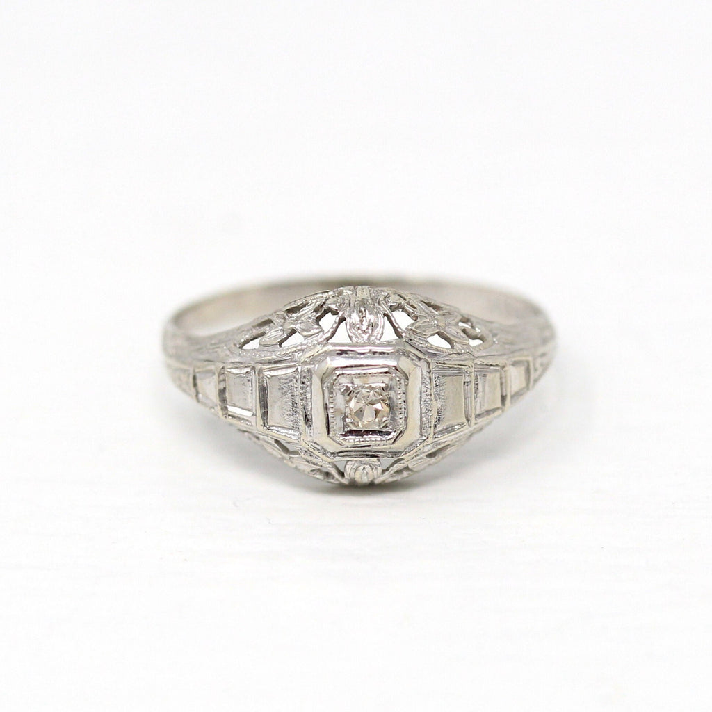 Genuine Diamond Ring - Art Deco 14k White Gold .02 CT Single Cut Gemstone Flower - Vintage Circa 1930s Era Engagement Filigree Fine Jewelry