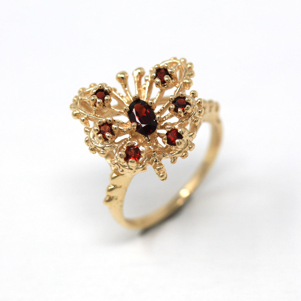 Vintage Butterfly Ring - Retro 10k Yellow Gold Genuine Red Garnet Gemstones - Circa 1970s Era Size 5 1/2 Statement Figural Fine Bug Jewelry