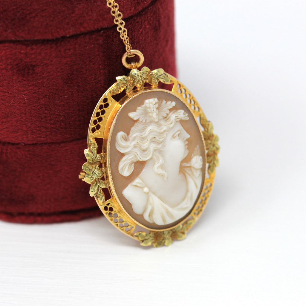 Antique Cameo Brooch - Edwardian 10k Yellow Gold Carved Shell Pendant Necklace - Circa 1910s Era Dionysus Bacchus Fashion Accessory Jewelry