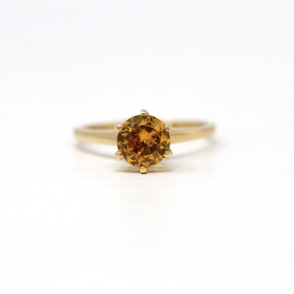 Created Orange Sapphire Ring - Retro 10k Yellow Gold Round Faceted 1.29 CT Stone - Vintage Circa 1960s Era Size 5 1/2 Statement 60s Jewelry