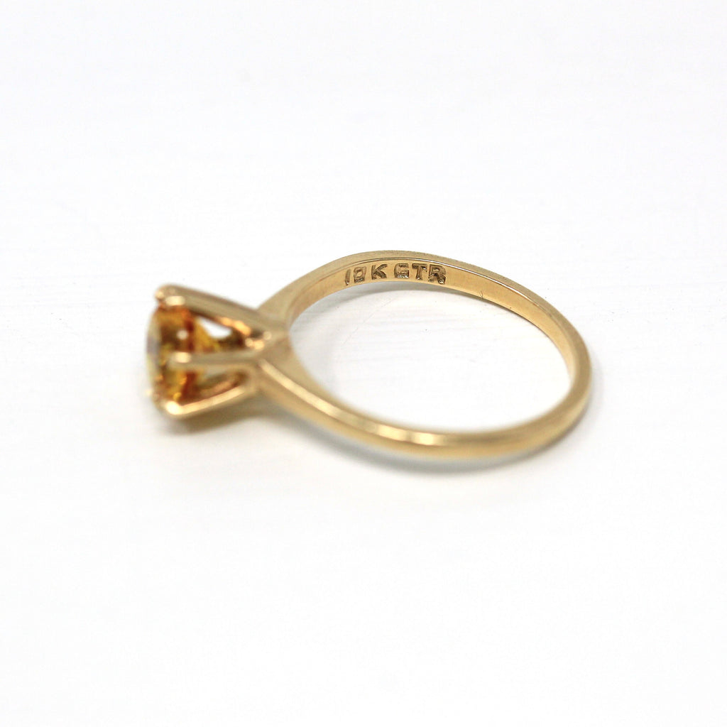 Created Orange Sapphire Ring - Retro 10k Yellow Gold Round Faceted 1.29 CT Stone - Vintage Circa 1960s Era Size 5 1/2 Statement 60s Jewelry