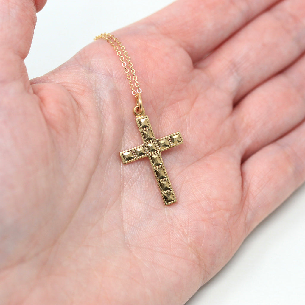 Vintage Cross Necklace - Retro 10k Yellow Gold Statement Crucifix Pendant Charm - Circa 1940s Era Religious Faith Fine La Mode 40s Jewelry