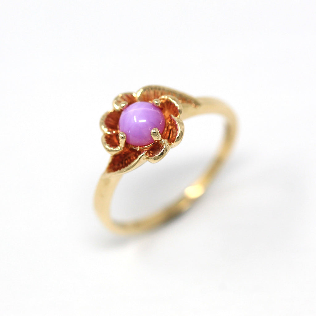 Created Pink Star Sapphire Ring - Retro 10k Yellow Gold Cabochon Cut .71 CT Stone - Vintage Circa 1960s Size 6 1/4 Celestial Fine Jewelry