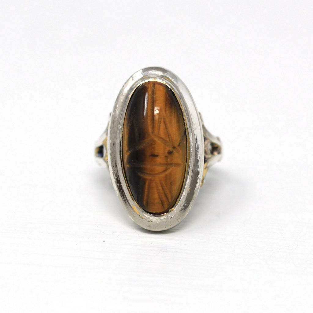 Vintage Scarab Ring - Retro Sterling Silver Oval Carved Genuine Gemstone - Circa 1960s Size 5 3/4 Egyptian Revival Style Statement Jewelry