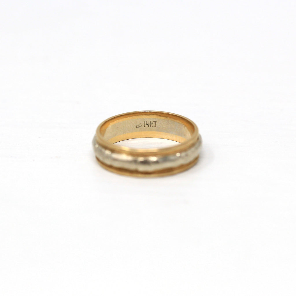 Vintage Two Tone Band - Retro 14k Yellow White Gold Engraved Designs - Circa 1960s Size 4 1/4 Statement Wedding Statement Jewelry