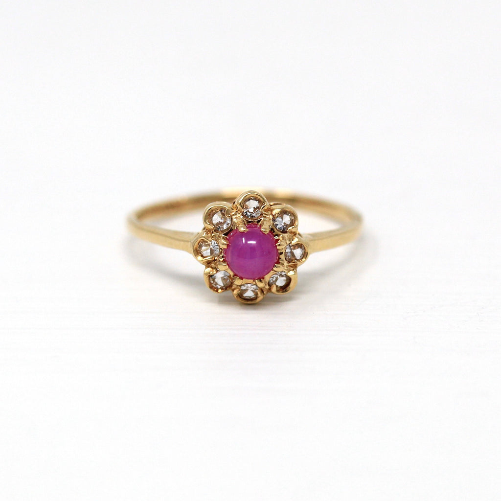 Created Star Ruby Ring - Retro 14k Yellow Gold .43 CT Cabochon Cut Flower Halo - Vintage Circa 1970s Size 5 3/4 Created Spinel Fine Jewelry